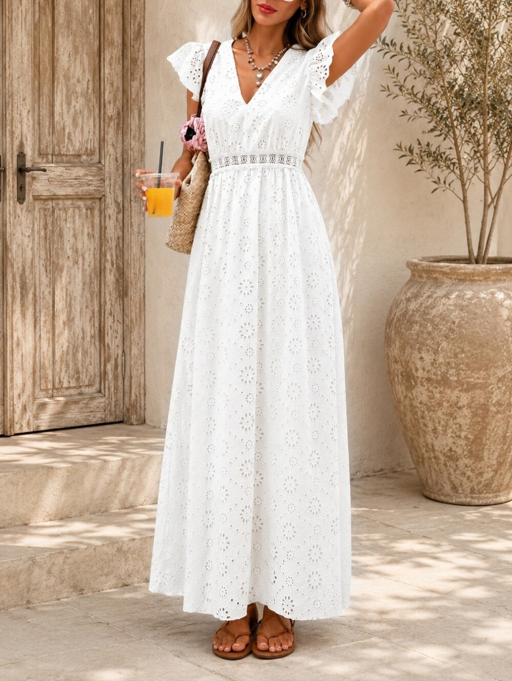 New Embroidered Eyelet Lace Ruffle Sleeve Tie Back Maxi Dress White